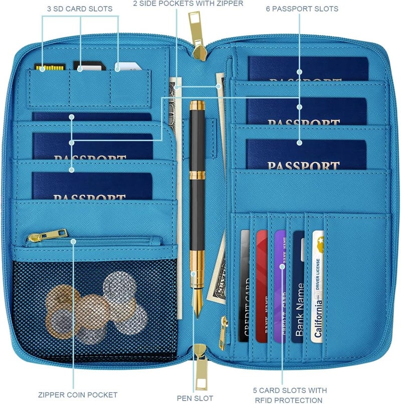 Simikol Family Passport Holder Wallet RFID Blocking Document Organizer PU Leather Mulit-purpose Travel Wallet Credit Cards Case for Women Men, Blue Marble - Image 2